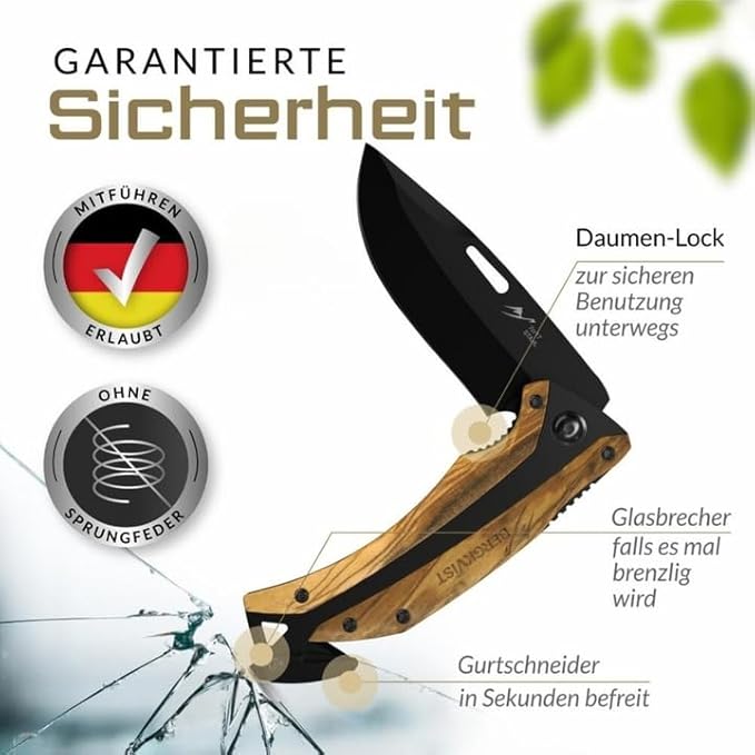 Tiger Folding Knife (Two-Handed Knife) - Allowed to Carry in Germany - 3-in-1 Outdoor Pocket Knife with Glass Breaker & Belt Cutter for Camping