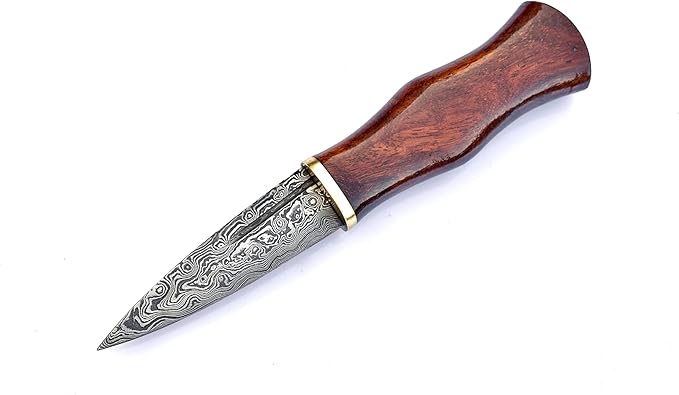 Hand Forged Damascus Steel Blade Custom Handmade Rose Wood Handle with Leather Sheath, Brown, Black and Silver