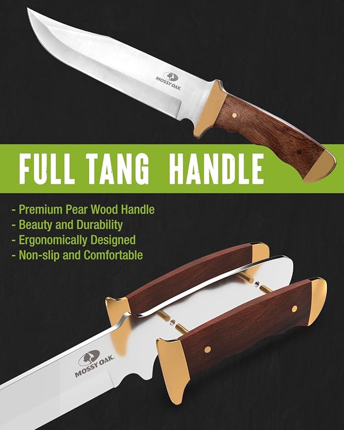 14-inch Bowie Knife, Full-tang Fixed Blade, Wood Handle Hunting Knife with Leather Sheath for Camping, Hiking, Survival