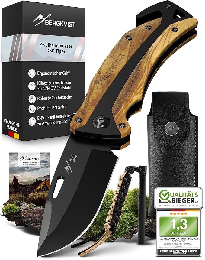 Tiger Folding Knife (Two-Handed Knife) - Allowed to Carry in Germany - 3-in-1 Outdoor Pocket Knife with Glass Breaker & Belt Cutter for Camping