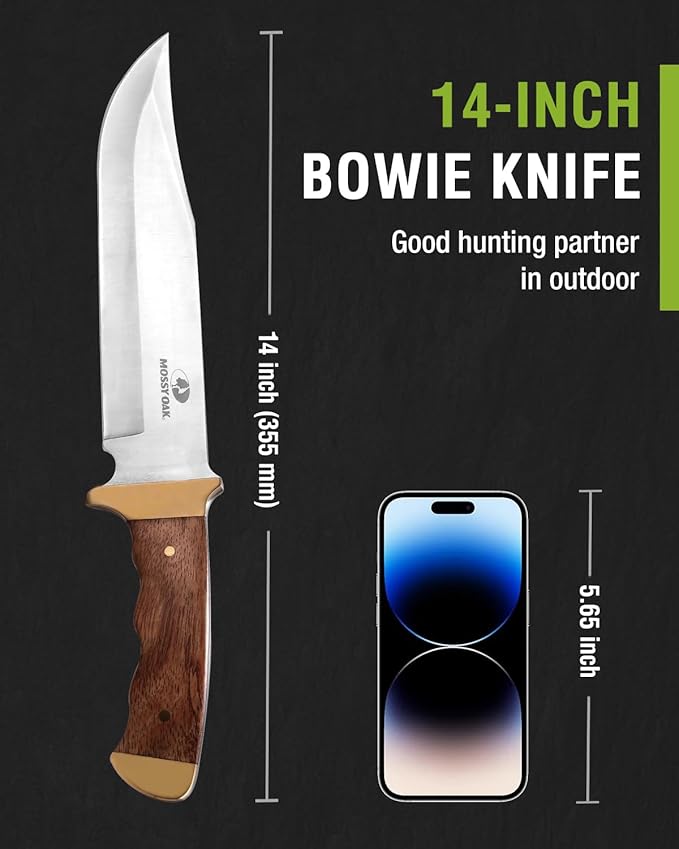 14-inch Bowie Knife, Full-tang Fixed Blade, Wood Handle Hunting Knife with Leather Sheath for Camping, Hiking, Survival