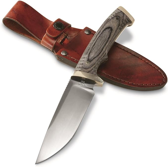 Old Timer Heritage Series 169OT 10.25in Fixed Blade Knife with Stainless Steel Drop Point Blade, Laminate Wood Handle, Full Tang Design, and Leather Sheath for Hunting