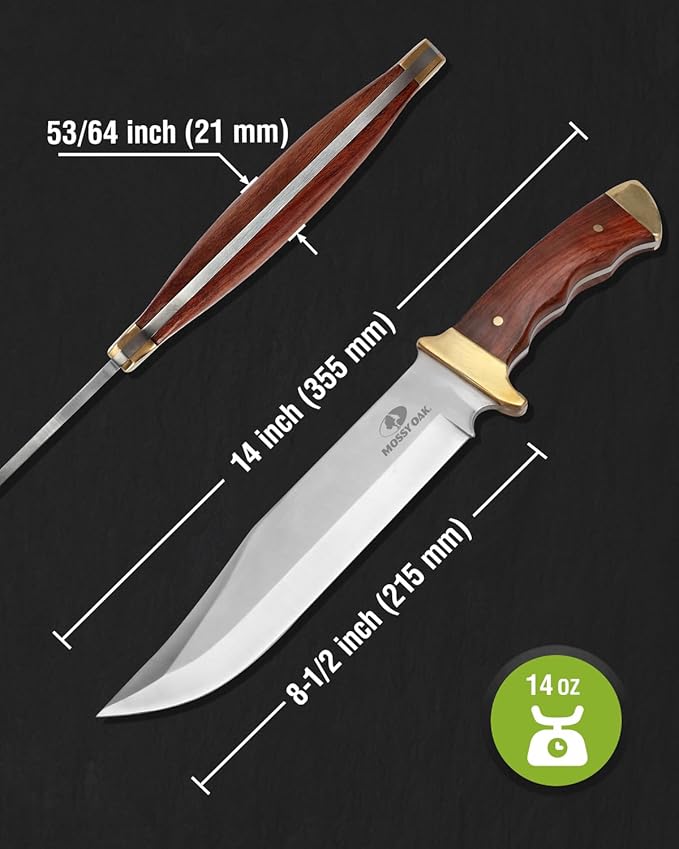 14-inch Bowie Knife, Full-tang Fixed Blade, Wood Handle Hunting Knife with Leather Sheath for Camping, Hiking, Survival