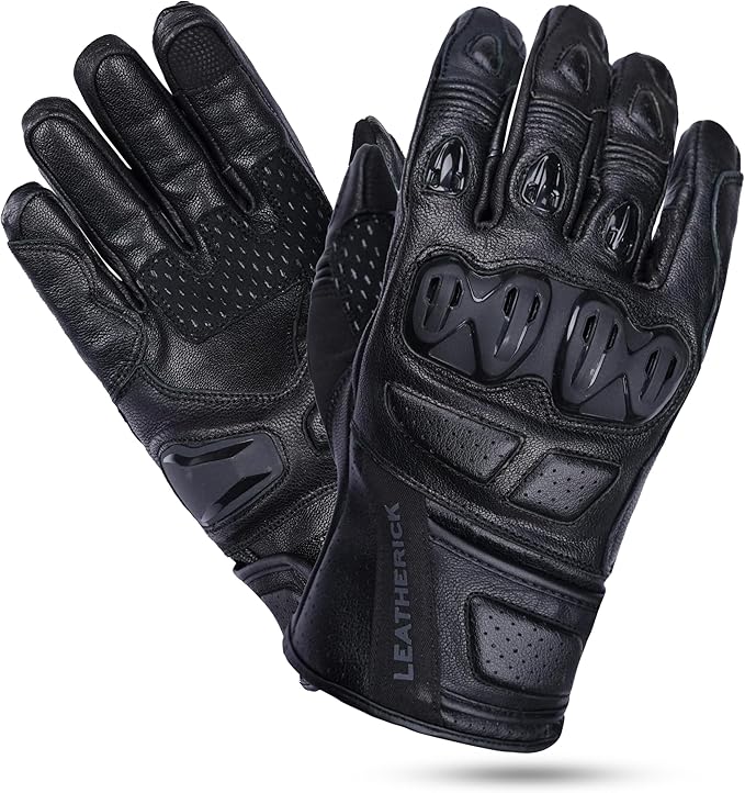 Leatherick Mens Black Genuine Leather Motorcycle Gloves - Padded Palm Touch Screen Compatibility CE Certified Motorcycle Gloves with Protective Knuckles