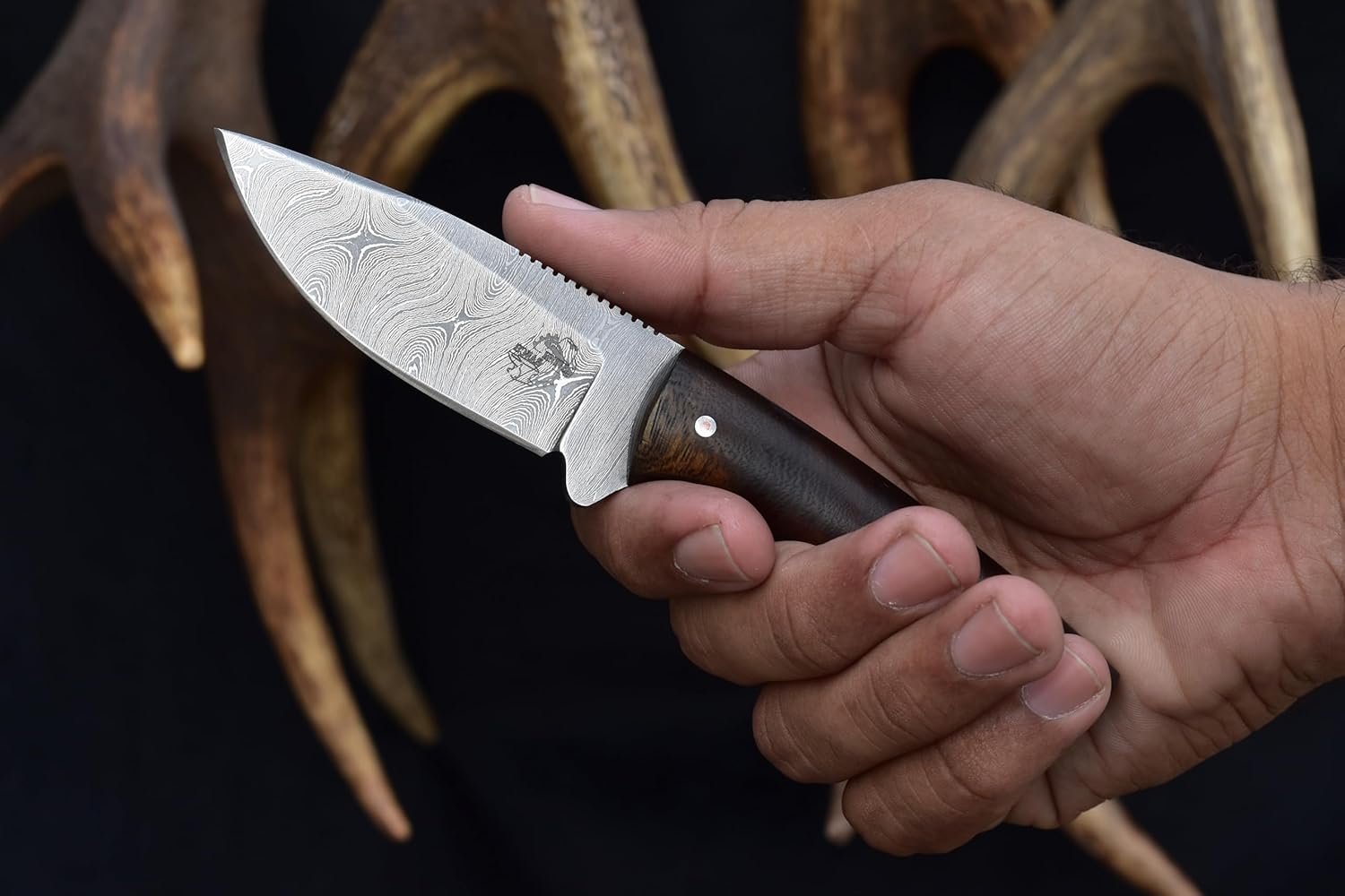 Fixed Blade EDC Knife with Horizontal Carry Sheath – Damascus Blade – Cowboy Essential with Leather Sheath