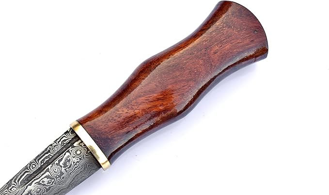 Hand Forged Damascus Steel Blade Custom Handmade Rose Wood Handle with Leather Sheath, Brown, Black and Silver