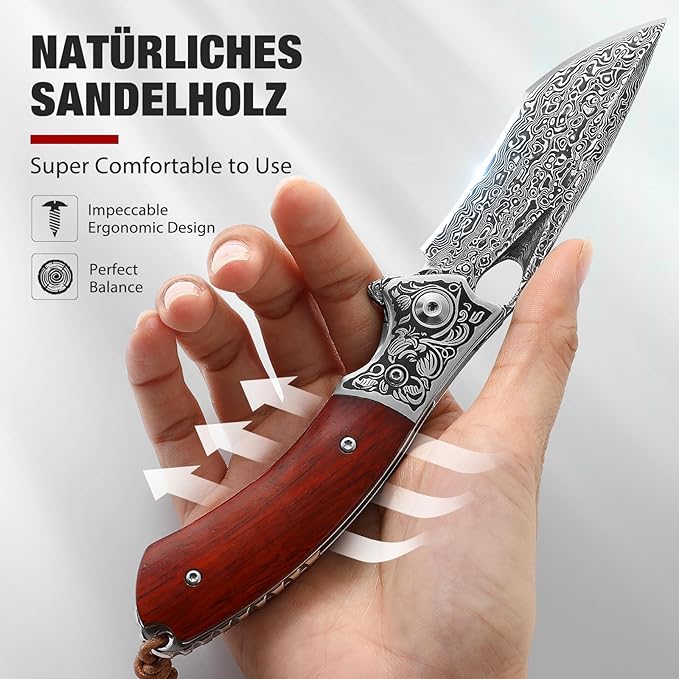 One-Handed Damask Pocket Knife Made of High-Quality Damascus Steel with Beautiful Leather Sheath, Outdoor Folding Knife