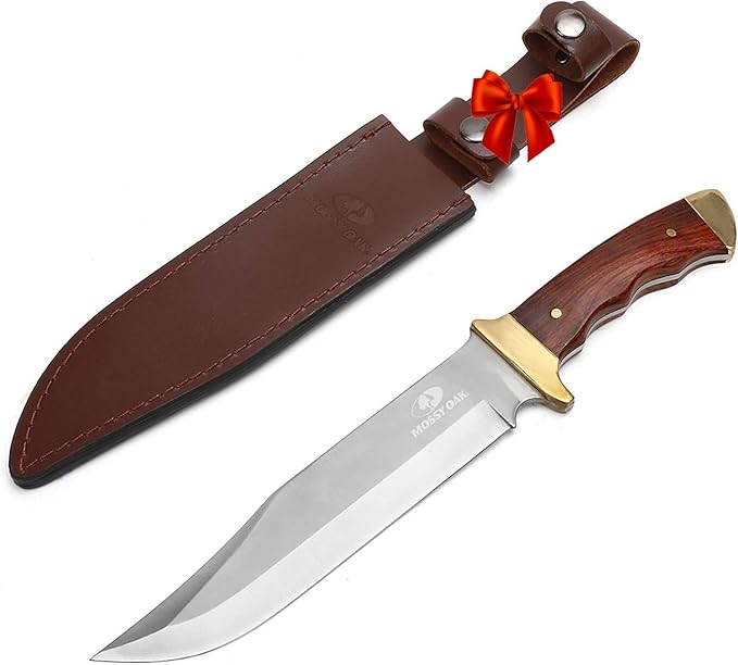 14-inch Bowie Knife, Full-tang Fixed Blade, Wood Handle Hunting Knife with Leather Sheath for Camping, Hiking, Survival