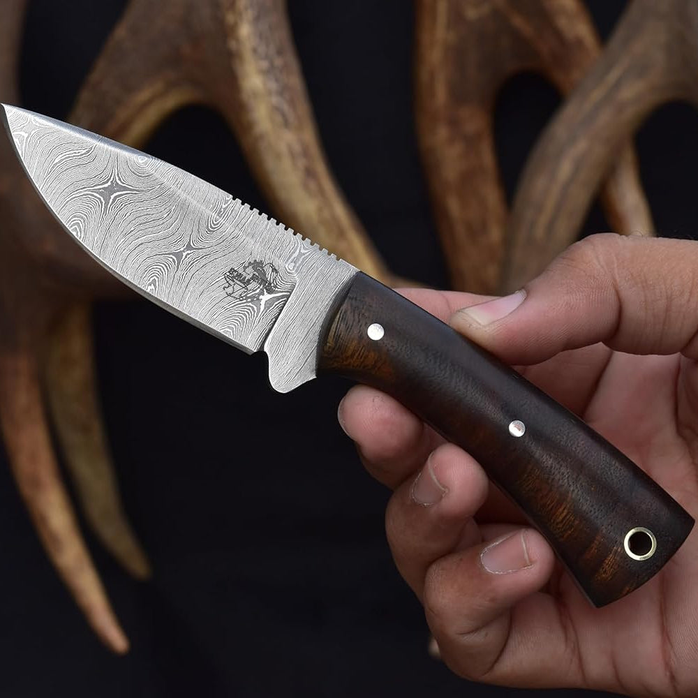 Fixed Blade EDC Knife with Horizontal Carry Sheath – Damascus Blade – Cowboy Essential with Leather Sheath