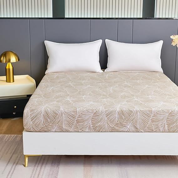 Fitted Sheet 180 x 200 cm - Tropical Leaf Pattern - Fitted Sheet up to 30 cm Mattress Height - Flat Sheet Soft Polyester Microfibre Beige