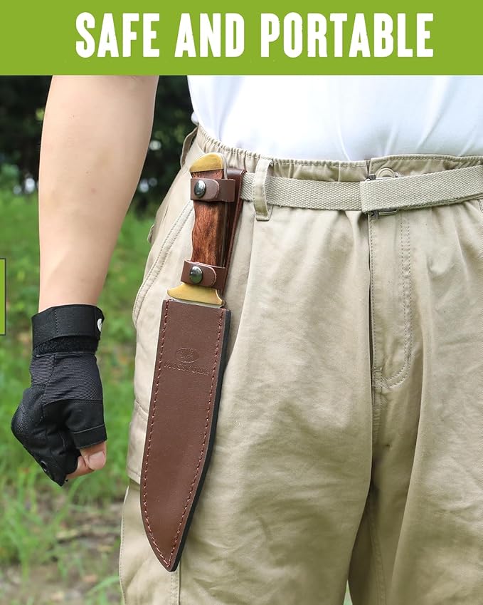 14-inch Bowie Knife, Full-tang Fixed Blade, Wood Handle Hunting Knife with Leather Sheath for Camping, Hiking, Survival