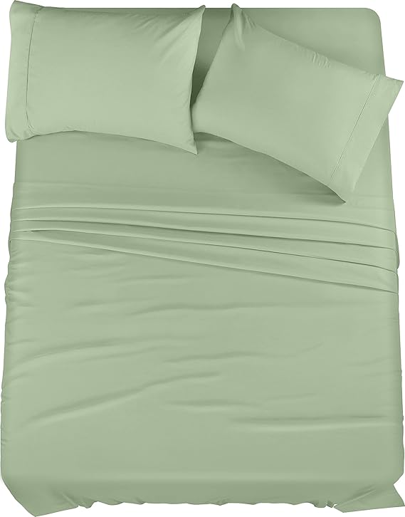 King Size Bed Set 4 Piece Brushed Microfiber Shrink and Fade Resistant Easy Care Bedding Set (King Sage)