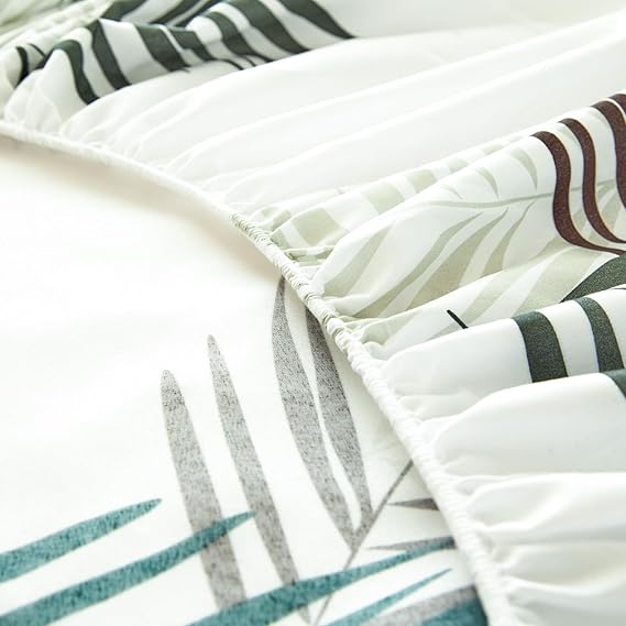 Fitted Sheet 180 x 200 cm - Tropical Palm Leaves Pattern - Fitted Sheet up to 30 cm Mattress Height - Flat Sheet Soft Polyester Microfibre White