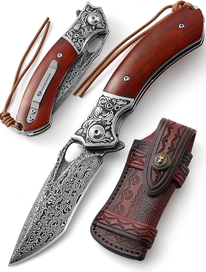 One-Handed Damask Pocket Knife Made of High-Quality Damascus Steel with Beautiful Leather Sheath, Outdoor Folding Knife