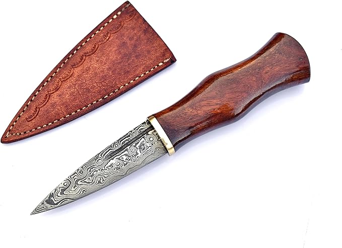 Hand Forged Damascus Steel Blade Custom Handmade Rose Wood Handle with Leather Sheath, Brown, Black and Silver