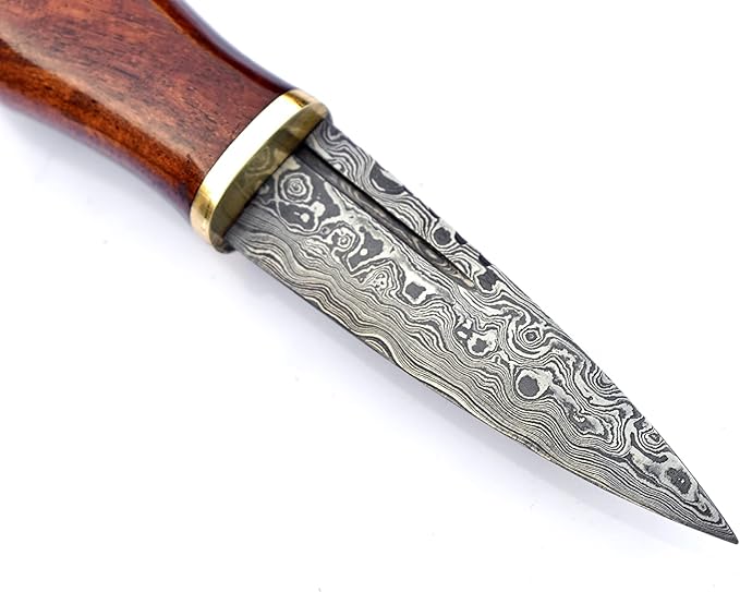 Hand Forged Damascus Steel Blade Custom Handmade Rose Wood Handle with Leather Sheath, Brown, Black and Silver