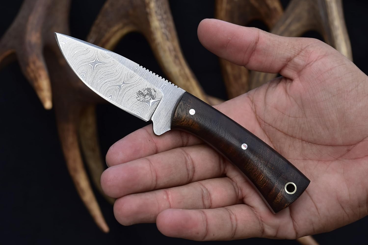 Fixed Blade EDC Knife with Horizontal Carry Sheath – Damascus Blade – Cowboy Essential with Leather Sheath