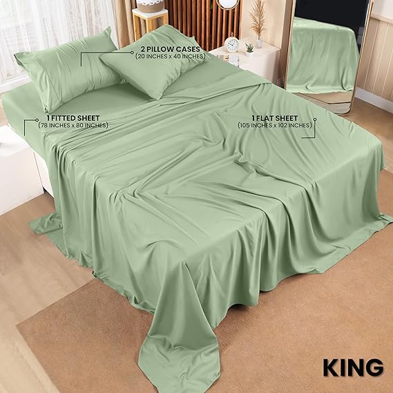 King Size Bed Set 4 Piece Brushed Microfiber Shrink and Fade Resistant Easy Care Bedding Set (King Sage)