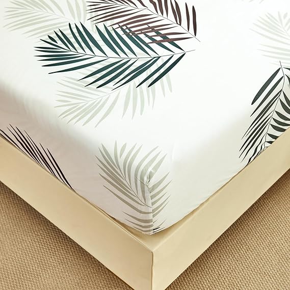 Fitted Sheet 180 x 200 cm - Tropical Palm Leaves Pattern - Fitted Sheet up to 30 cm Mattress Height - Flat Sheet Soft Polyester Microfibre White