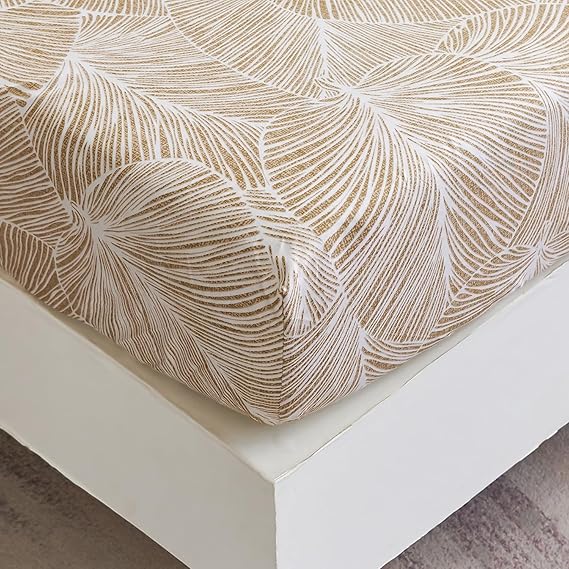 Fitted Sheet 180 x 200 cm - Tropical Leaf Pattern - Fitted Sheet up to 30 cm Mattress Height - Flat Sheet Soft Polyester Microfibre Beige