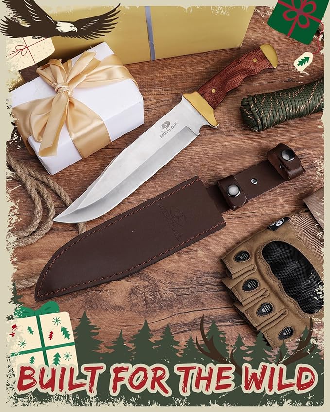 14-inch Bowie Knife, Full-tang Fixed Blade, Wood Handle Hunting Knife with Leather Sheath for Camping, Hiking, Survival