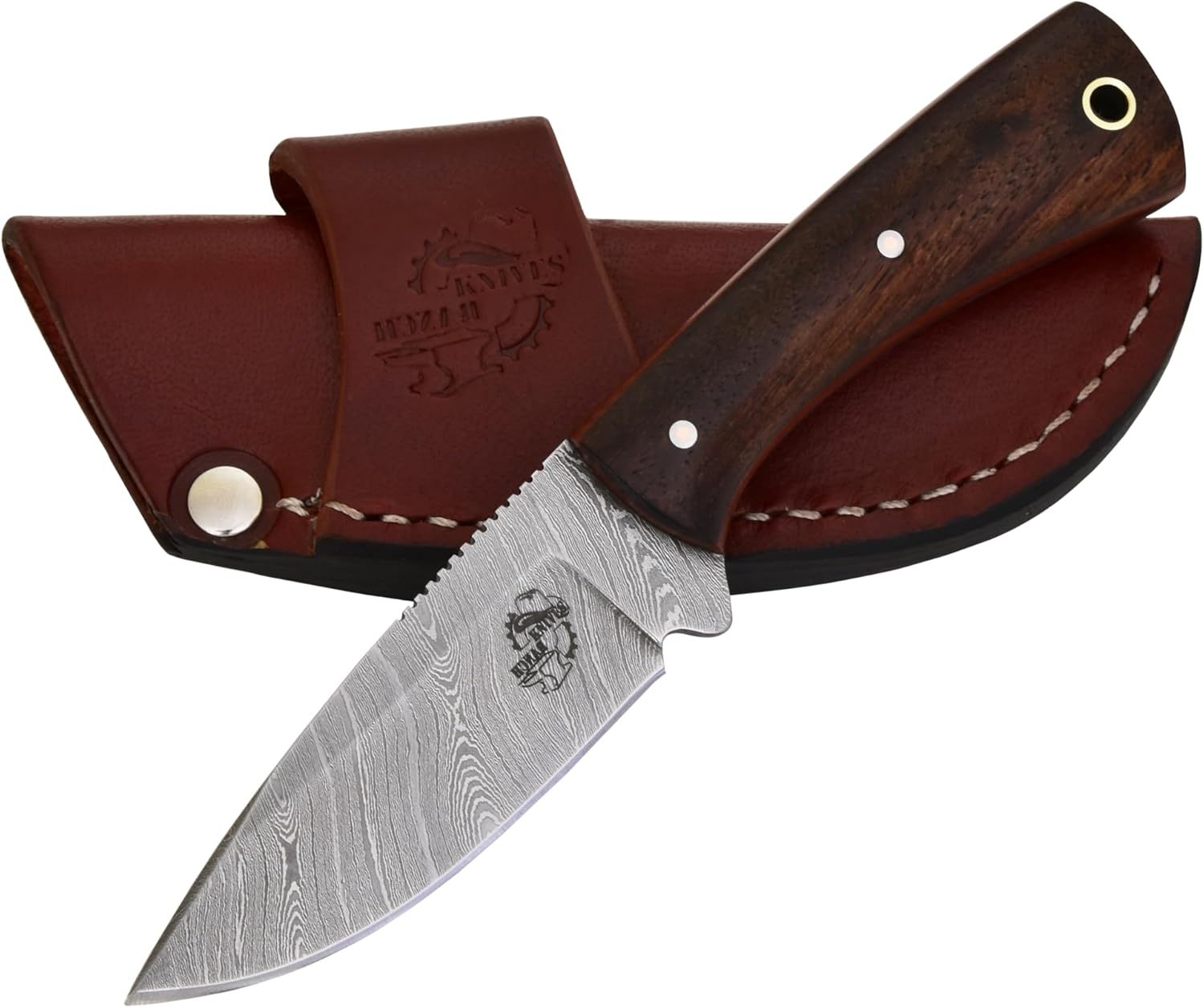 Fixed Blade EDC Knife with Horizontal Carry Sheath – Damascus Blade – Cowboy Essential with Leather Sheath