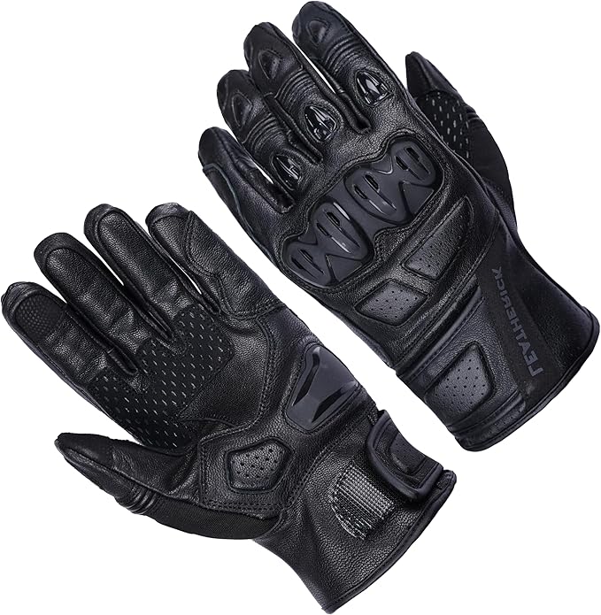 Leatherick Mens Black Genuine Leather Motorcycle Gloves - Padded Palm Touch Screen Compatibility CE Certified Motorcycle Gloves with Protective Knuckles