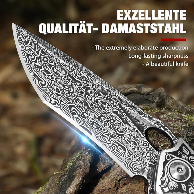 One-Handed Damask Pocket Knife Made of High-Quality Damascus Steel with Beautiful Leather Sheath, Outdoor Folding Knife