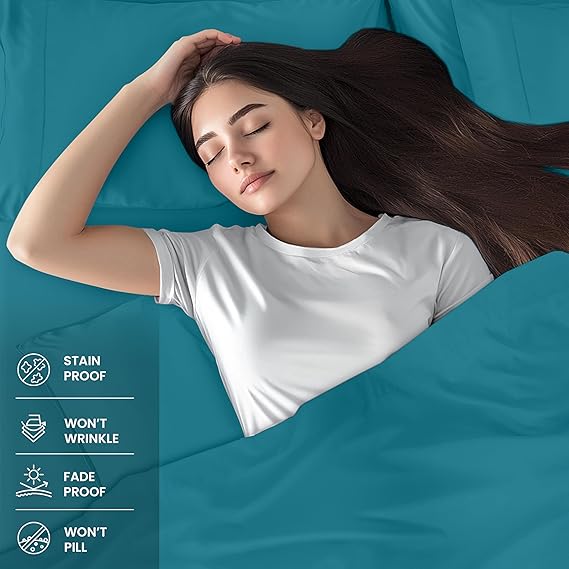 King Size Bed Set 4 Piece Brushed Microfiber Shrink and Fade Resistant Easy Care Duvet Cover Set (King Size, Denim Blue)