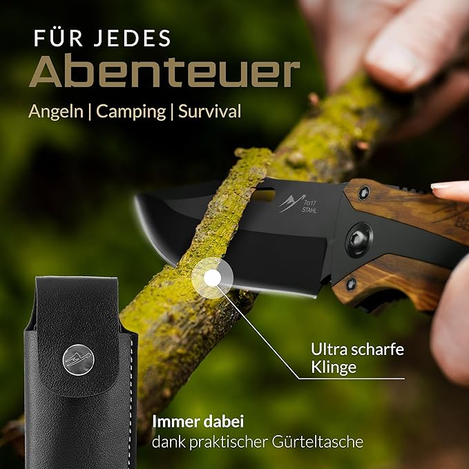 Tiger Folding Knife (Two-Handed Knife) - Allowed to Carry in Germany - 3-in-1 Outdoor Pocket Knife with Glass Breaker & Belt Cutter for Camping