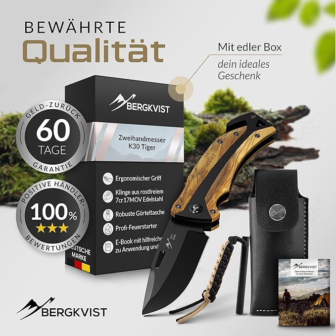 Tiger Folding Knife (Two-Handed Knife) - Allowed to Carry in Germany - 3-in-1 Outdoor Pocket Knife with Glass Breaker & Belt Cutter for Camping