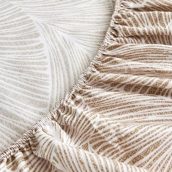 Fitted Sheet 180 x 200 cm - Tropical Leaf Pattern - Fitted Sheet up to 30 cm Mattress Height - Flat Sheet Soft Polyester Microfibre Beige