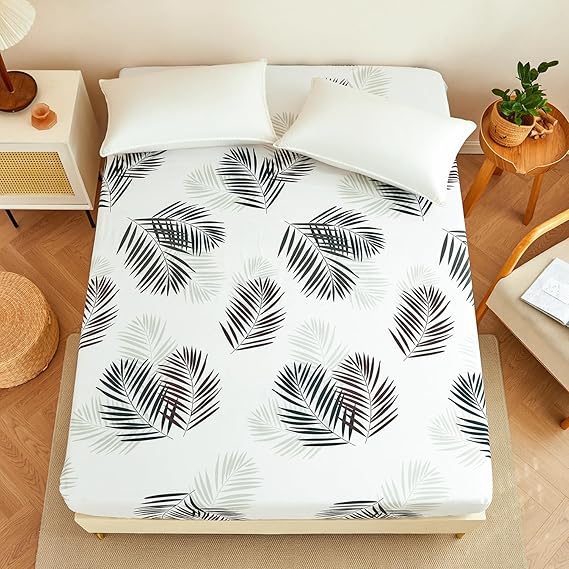 Fitted Sheet 180 x 200 cm - Tropical Palm Leaves Pattern - Fitted Sheet up to 30 cm Mattress Height - Flat Sheet Soft Polyester Microfibre White