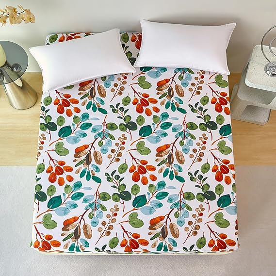 Colourful Spring Floral Pattern - Fitted Sheet up to 30 cm Mattress Height - Flat Sheet Soft Polyester Microfibre Green Brand: Jemiipee