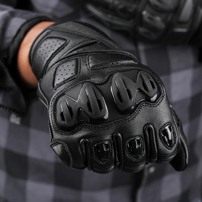 Leatherick Mens Black Genuine Leather Motorcycle Gloves - Padded Palm Touch Screen Compatibility CE Certified Motorcycle Gloves with Protective Knuckles