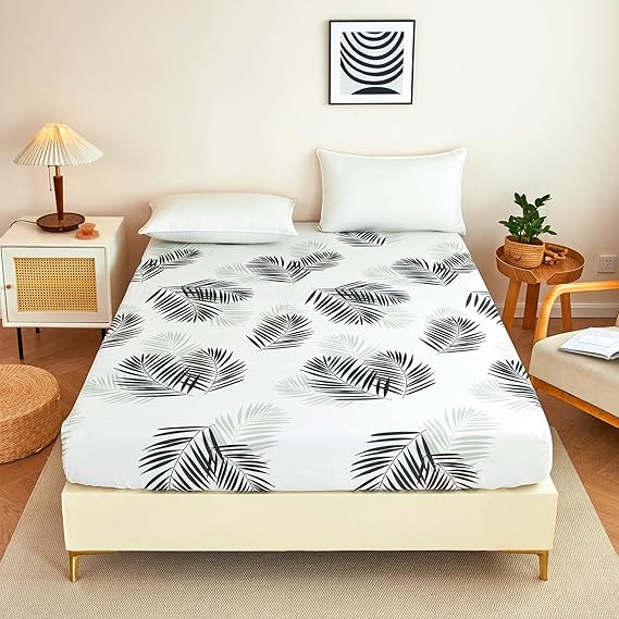 Fitted Sheet 180 x 200 cm - Tropical Palm Leaves Pattern - Fitted Sheet up to 30 cm Mattress Height - Flat Sheet Soft Polyester Microfibre White