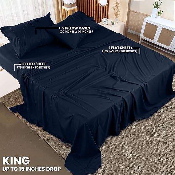 4pc Microfiber Bed Sheet Set (Navy, King)