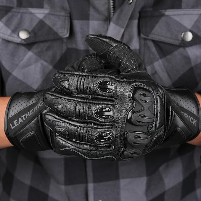 Leatherick Mens Black Genuine Leather Motorcycle Gloves - Padded Palm Touch Screen Compatibility CE Certified Motorcycle Gloves with Protective Knuckles