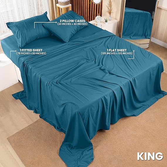 King Size Bed Set 4 Piece Brushed Microfiber Shrink and Fade Resistant Easy Care Duvet Cover Set (King Size, Denim Blue)
