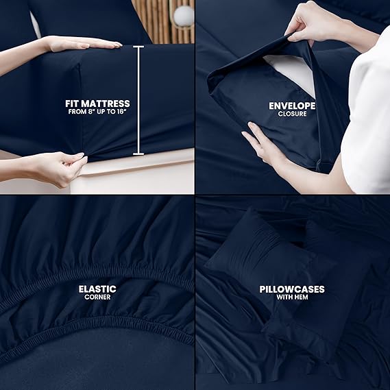 4pc Microfiber Bed Sheet Set (Navy, King)