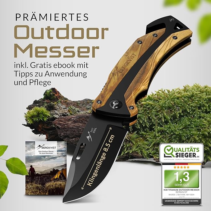 Tiger Folding Knife (Two-Handed Knife) - Allowed to Carry in Germany - 3-in-1 Outdoor Pocket Knife with Glass Breaker & Belt Cutter for Camping