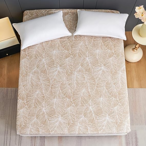 Fitted Sheet 180 x 200 cm - Tropical Leaf Pattern - Fitted Sheet up to 30 cm Mattress Height - Flat Sheet Soft Polyester Microfibre Beige