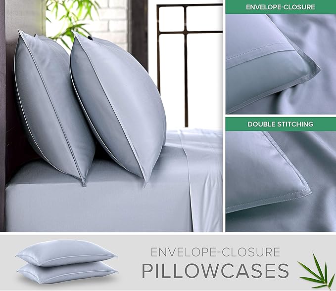 Genuine 100% Organic Viscose Derived from Bamboo, Luxuriously Soft & Cooling, Double Stitching, Envelope Closure (2 King Pillowcases, Sterling Blue)