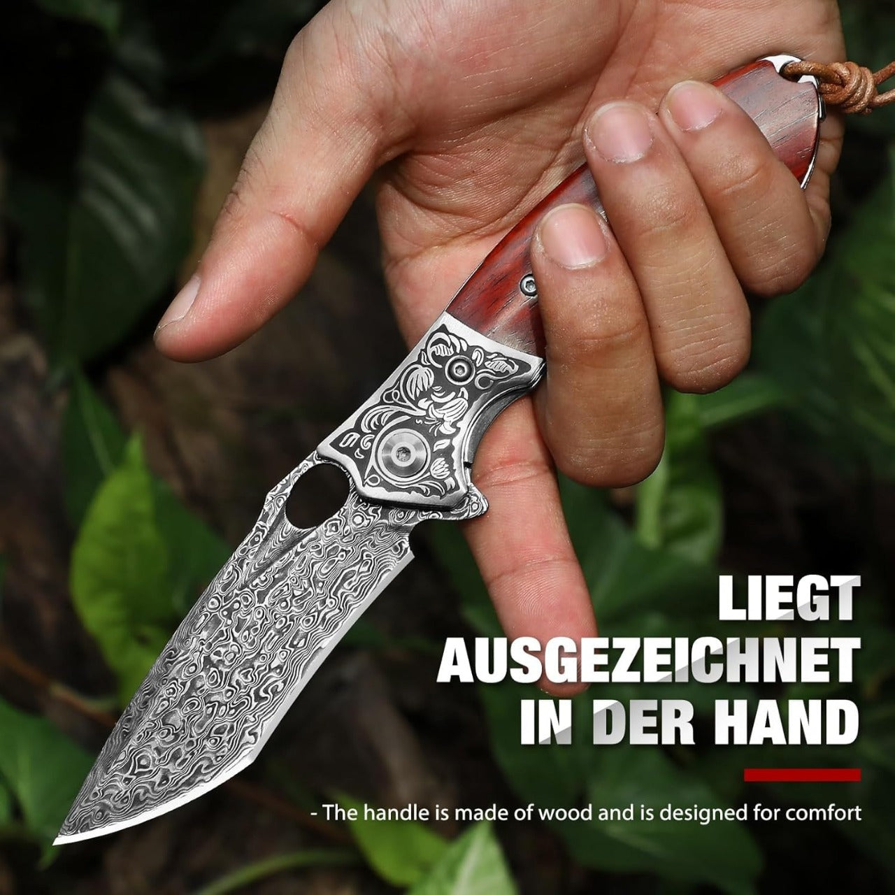 One-Handed Damask Pocket Knife Made of High-Quality Damascus Steel with Beautiful Leather Sheath, Outdoor Folding Knife